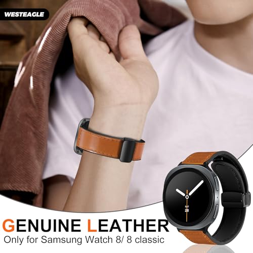 WestEagle Leather Watch 8 Band Compatible with Samsung Galaxy Watch 8 40mm 44mm/ 8 Classic 46mm, Magnetic Buckle Silicone Bottom Design Adjustable Wristbands Accessories for Men and Women, Light Brown - Image 2