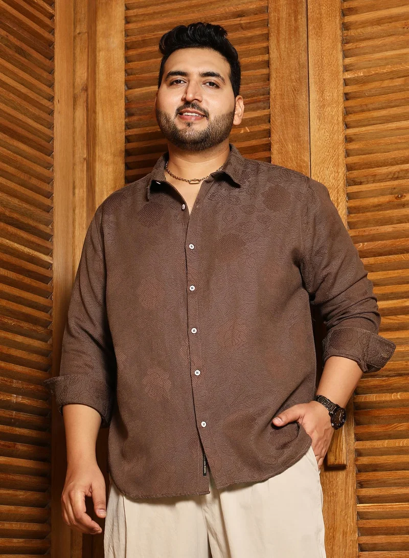 Instafab Plus Instafab Plus Men's Chocolate Brown Rosa-Jacquard Shirt | Spread Collar , Long Cuffed Sleeves , Button Closure , Curved Hemline | Solid Jacquard Cotton-Blend Material For Street & Casual Wear
