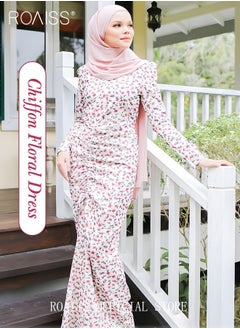 roaiss Women's Dress Simple Floral  Flared Long-Sleeve Long Dress High-Rise Sweet Breathable Chiffon Shirring Design for Ladies Elegant Temperament Casual Outfit  - Image 1