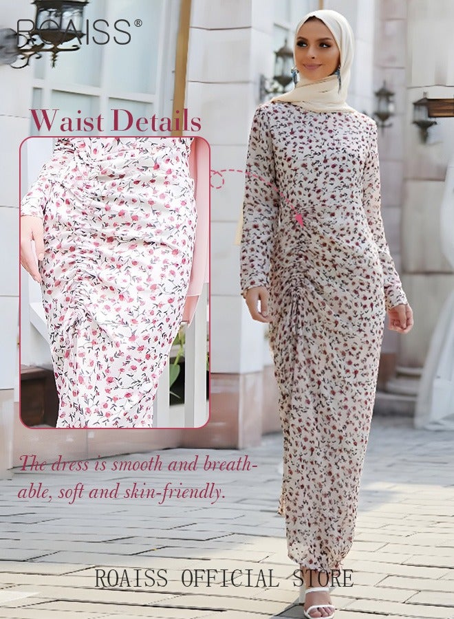 roaiss Women's Dress Simple Floral  Flared Long-Sleeve Long Dress High-Rise Sweet Breathable Chiffon Shirring Design for Ladies Elegant Temperament Casual Outfit  - Image 3