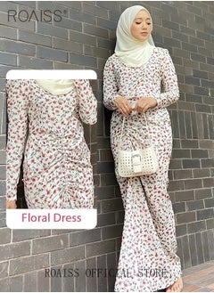 roaiss Women's Dress Simple Floral  Flared Long-Sleeve Long Dress High-Rise Sweet Breathable Chiffon Shirring Design for Ladies Elegant Temperament Casual Outfit  - Image 2
