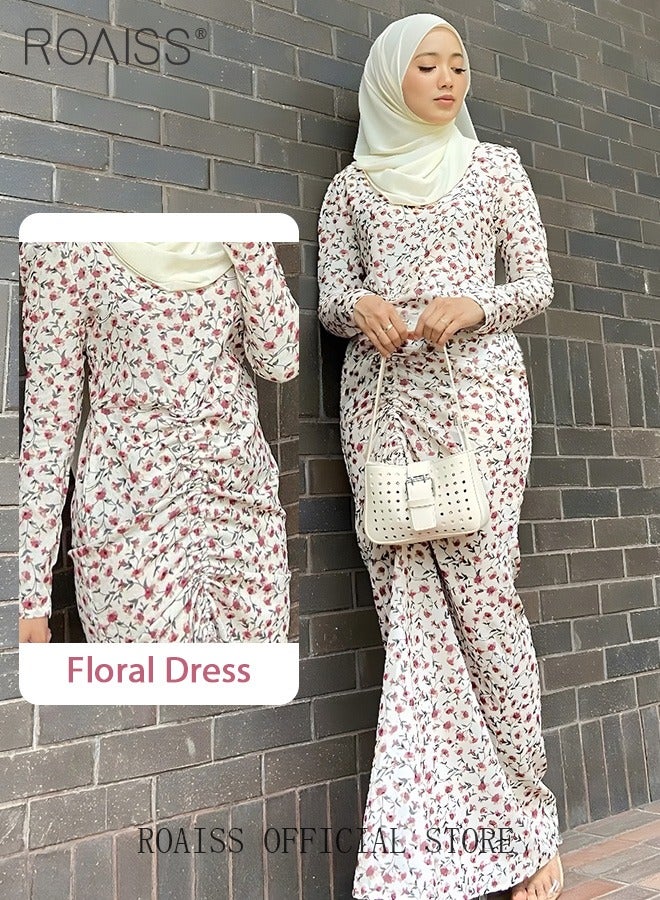 roaiss Women's Dress Simple Floral  Flared Long-Sleeve Long Dress High-Rise Sweet Breathable Chiffon Shirring Design for Ladies Elegant Temperament Casual Outfit  - Image 2