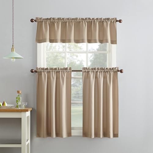 No. 918 Martine Microfiber Semi-Sheer Rod Pocket Kitchen Curtain Valance and Tiers Set, 54" x 36", Taupe - Image 1