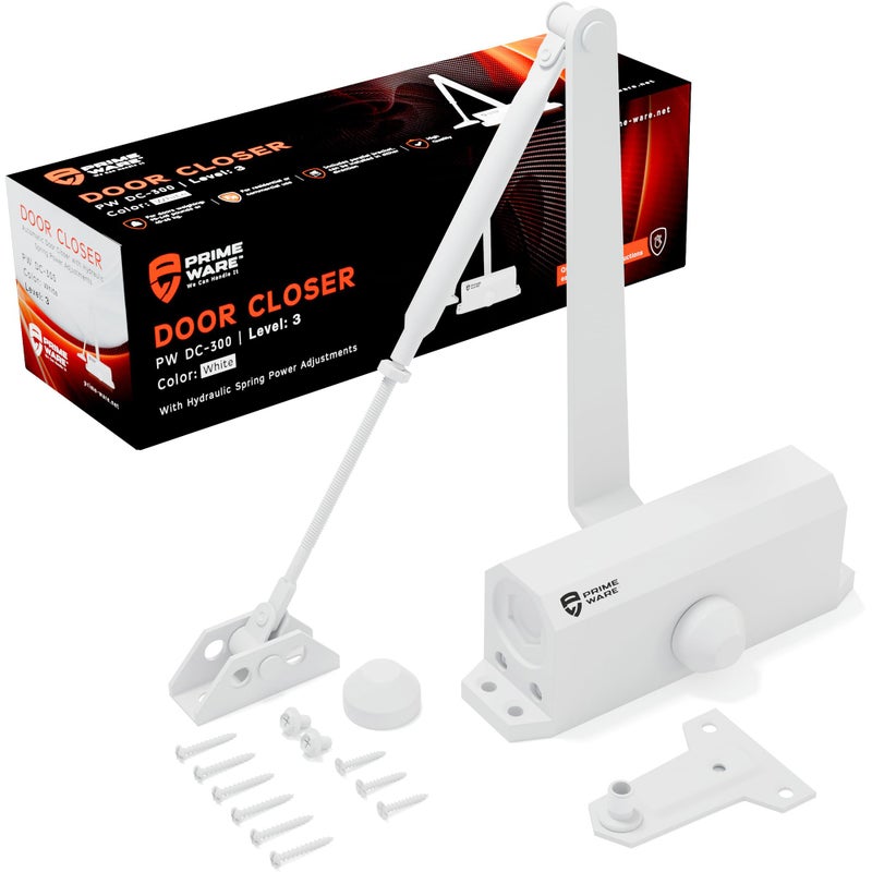 PrimeWare DC-300 Automatic Adjustable Door Closers for Home | Soft Close, No Slam | Residential and Commercial Door Closer | Level 3 | for Doors Weighing 90-140 lbs | Hydraulic Door Spring - White - Image 1