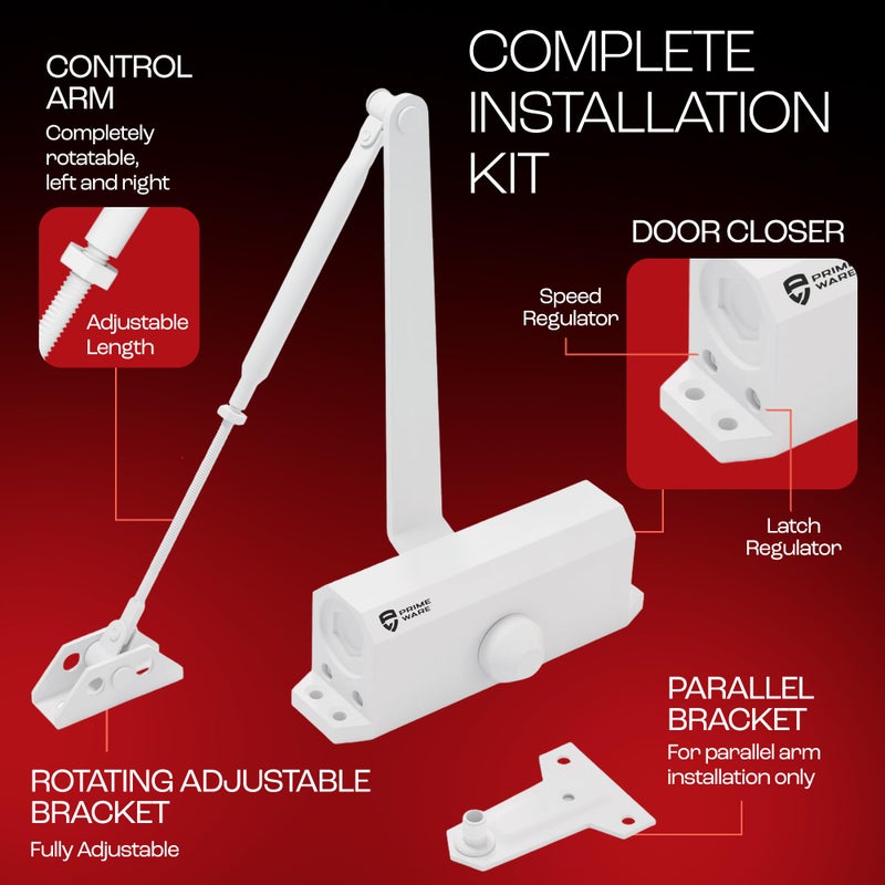 PrimeWare DC-300 Automatic Adjustable Door Closers for Home | Soft Close, No Slam | Residential and Commercial Door Closer | Level 3 | for Doors Weighing 90-140 lbs | Hydraulic Door Spring - White - Image 5