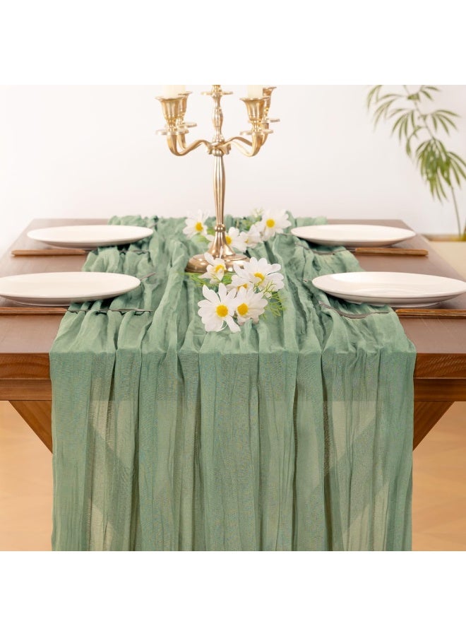 كينجمازي منديل طاولة من الشاش طول 4 أمتار، منديل طاولة زفاف أخضر، منديل طاولة بوهو شفاف 90x400 سم، ديكور طاولة ريفي شفاف - Image 3