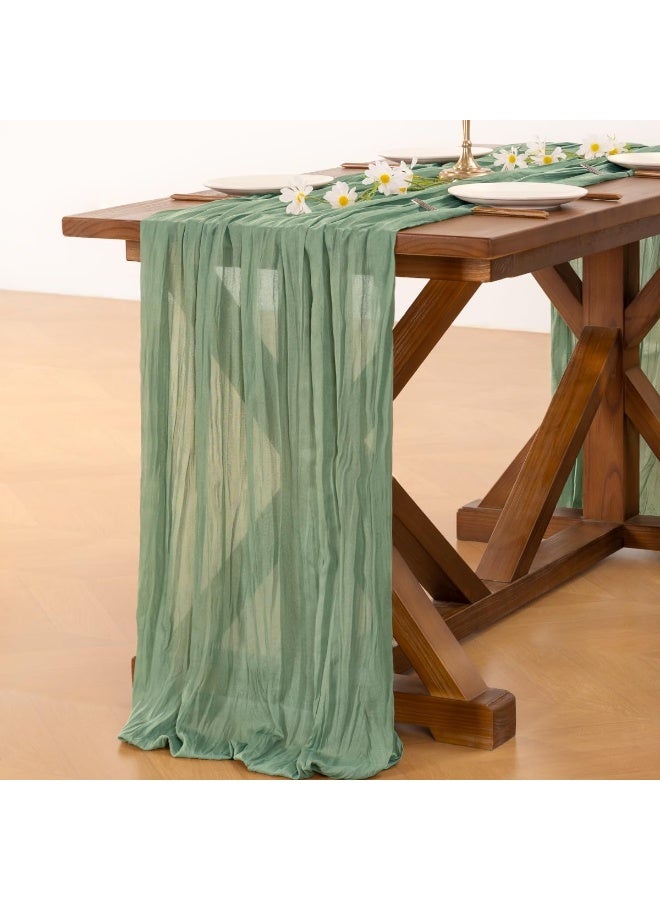 كينجمازي منديل طاولة من الشاش طول 4 أمتار، منديل طاولة زفاف أخضر، منديل طاولة بوهو شفاف 90x400 سم، ديكور طاولة ريفي شفاف - Image 1