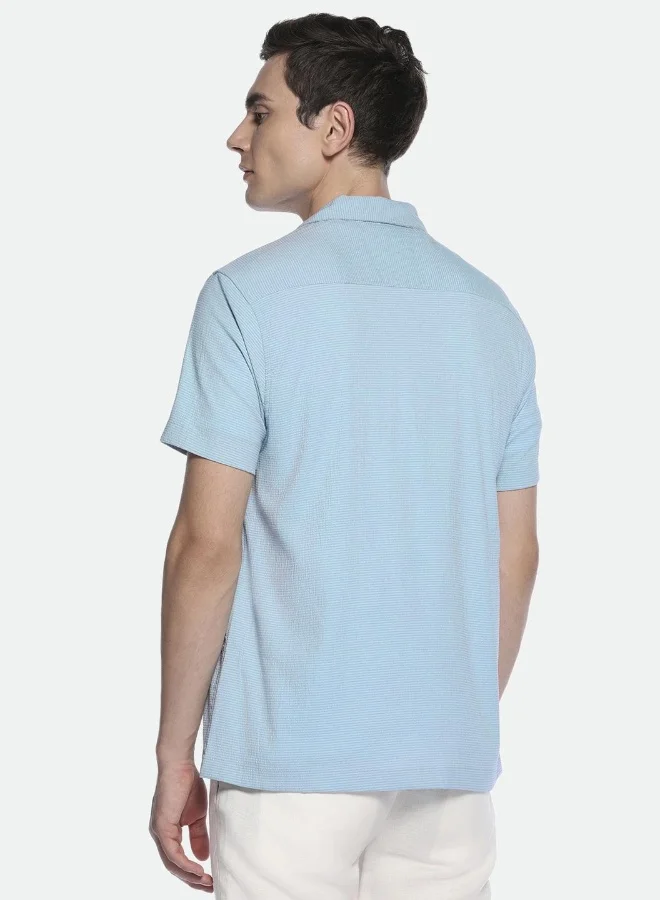 دينيس لينغو Relaxed Fit Blue Seersucker Popcorn Shirt Cuban Collar