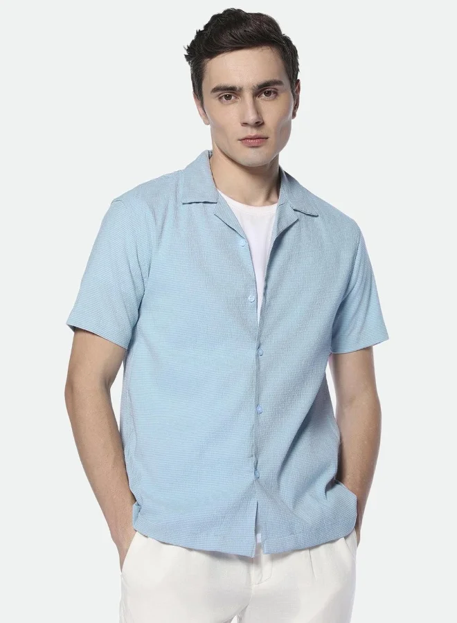 دينيس لينغو Relaxed Fit Blue Seersucker Popcorn Shirt Cuban Collar