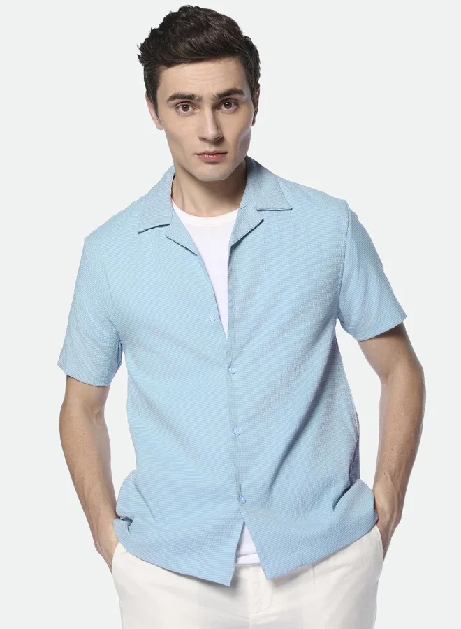 دينيس لينغو Relaxed Fit Blue Seersucker Popcorn Shirt Cuban Collar
