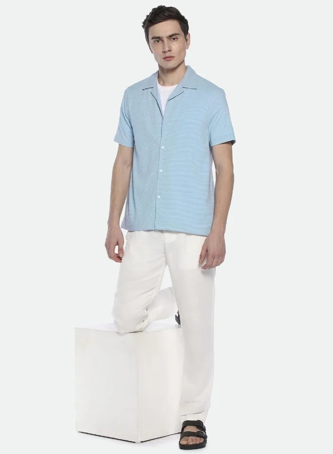 دينيس لينغو Relaxed Fit Blue Seersucker Popcorn Shirt Cuban Collar