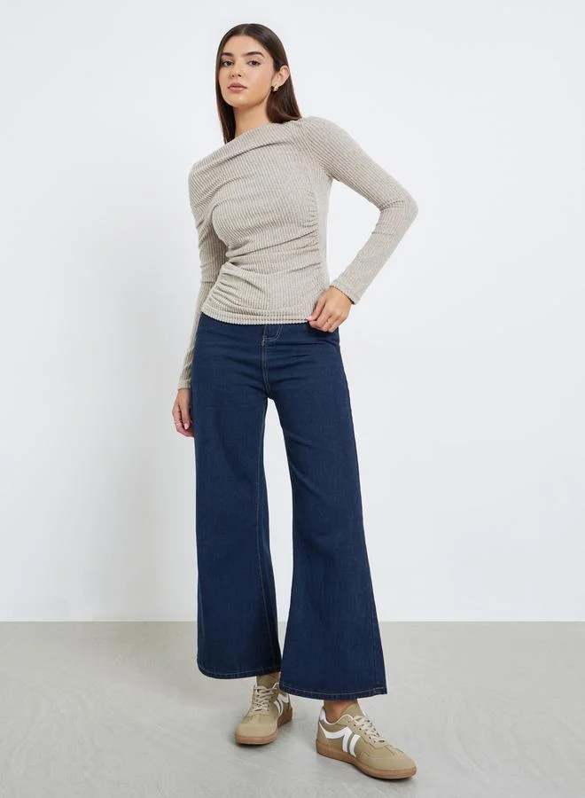 Take Two Women Beige Ribbed Draped Neck Top