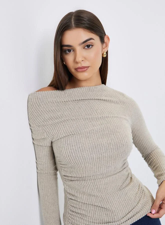 Take Two Beige Draped Neck Ribbed Top