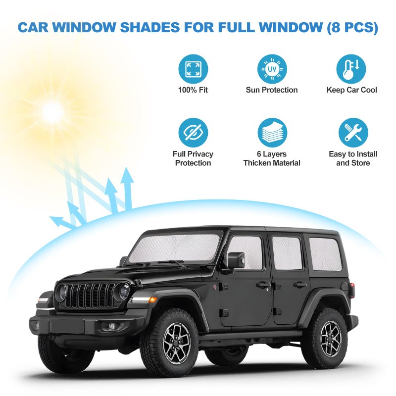 XCBYT 2019-2024 Wrangler Full Coverage Window Shades | 6-Layer Blackout Insulated Sun & UV Protection | Custom Fit Privacy Covers for Camping, Sleeping & Car Living (8 PCS) - Image 4