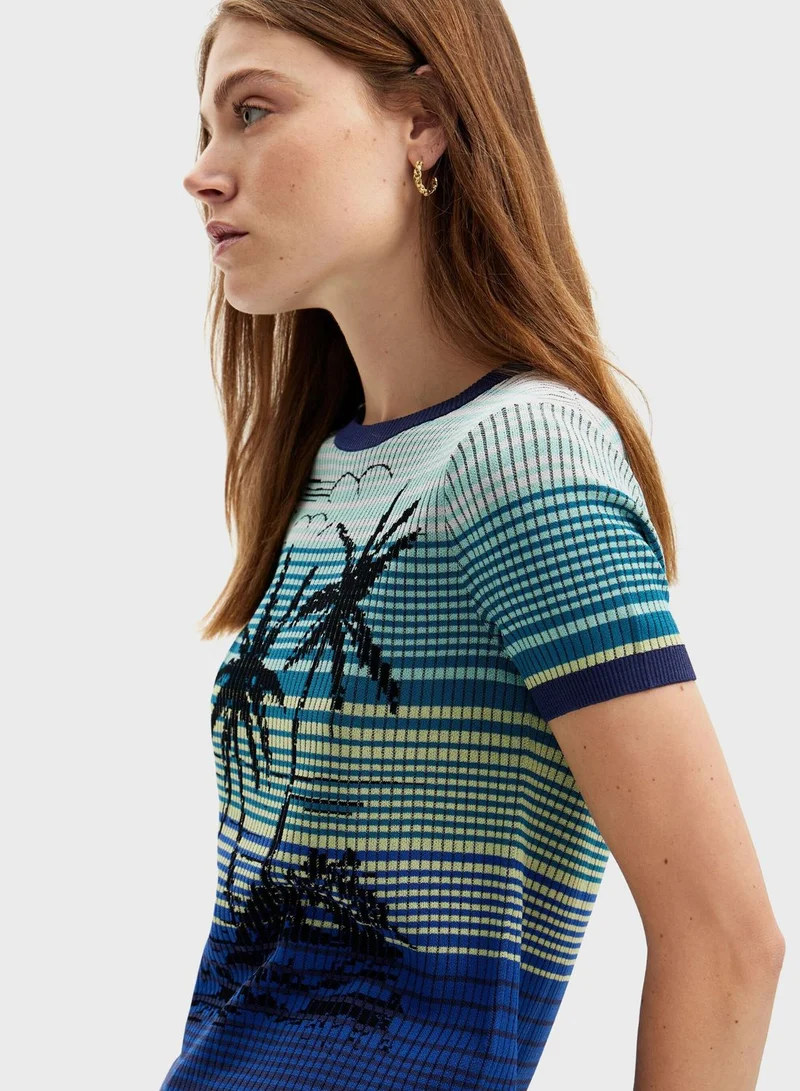 DESIGUAL Knit Palm Tree Crew Neck T-Shirt