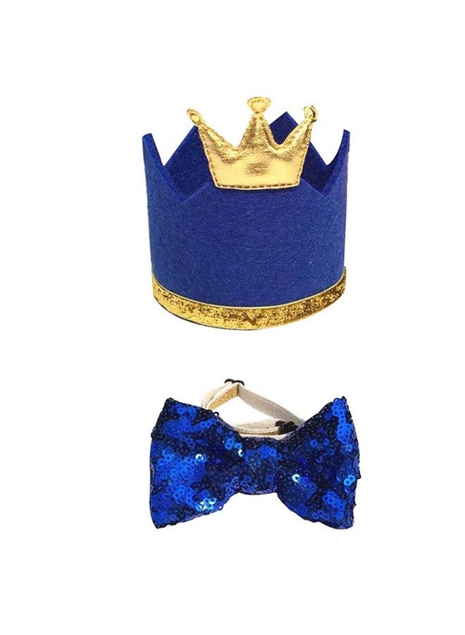 1 Set Pet Hat Bow Tie Set Pet Crown Hat Blingbling Bow tie Collar Pet Birthday Party Supplies Cosplay Accessory Puppy Birthday Gift for Small Medium Dogs Cats Kitten(Blue) - Image 1