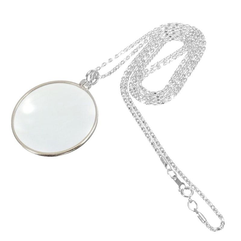 LHX 5X Magnifying Glass Pendant 1.6" Glass Lens Dia. and 35" Alloy Necklace (Silver) - Image 1