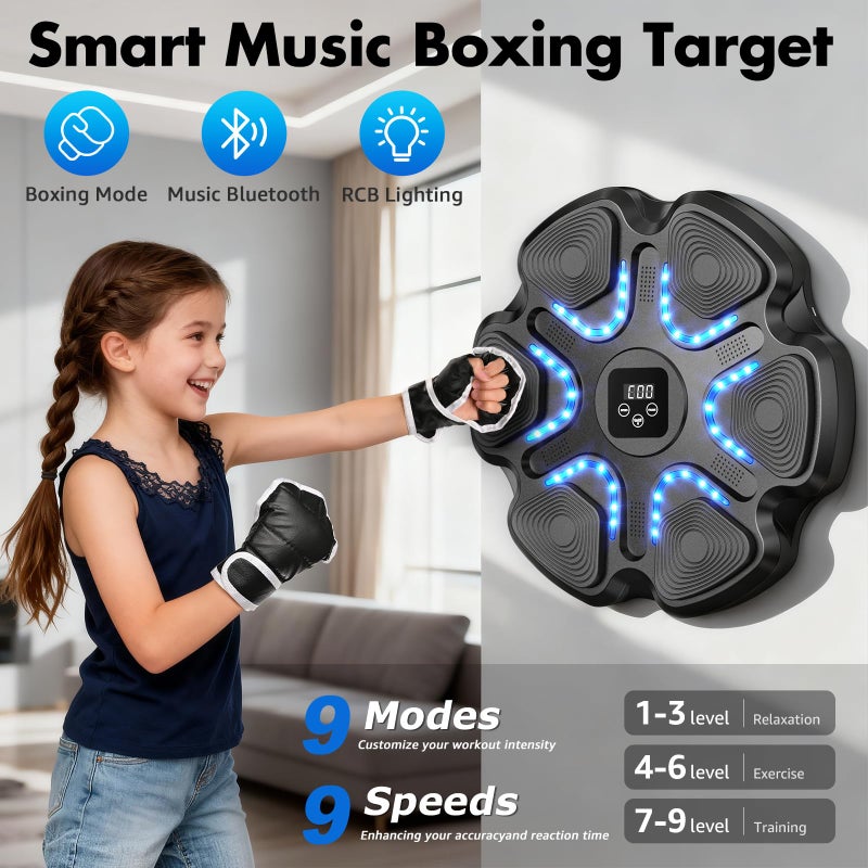 Hlthair Music Boxing Machine for Kids Adults, Smart Interactive Music Punching Machine with Gloves 9 Modes 9 Speeds Wall Mounted Electronic Boxing Punching Pad for Reaction Training Home Fitness Room Game - Image 2