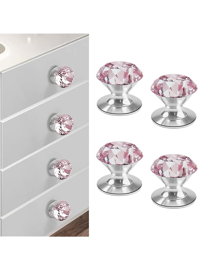 The Bros Self-Adhesive Crystal Knobs, 4 Pcs, Diamond Pink Crystal Pulls Mirror Doors Knobs Drill Free Dresser Knobs for Medicine Cabinet Glass Sliding Doors Fish Tank Lid Terrarium Furniture Hardware 