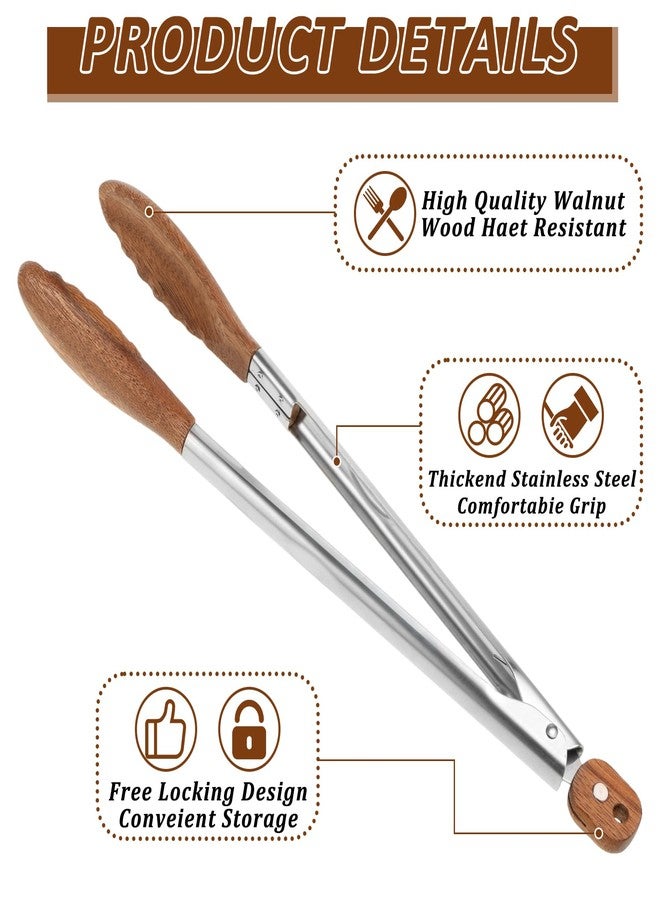 Hlimior 2 Pcs Walnut Wooden Kitchen Tongs with Wooden Tips, Kitchen Tongs Salad Tongs for Cooking-Stainless Steel Handle-Nonstick Cooking Tongs,Wooden Tongs Kitchen for Salad, Serving Food, Grilling - Image 3