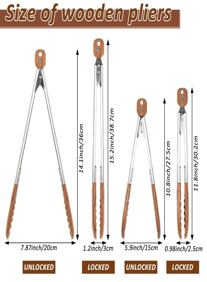 Hlimior 2 Pcs Walnut Wooden Kitchen Tongs with Wooden Tips, Kitchen Tongs Salad Tongs for Cooking-Stainless Steel Handle-Nonstick Cooking Tongs,Wooden Tongs Kitchen for Salad, Serving Food, Grilling - Image 2