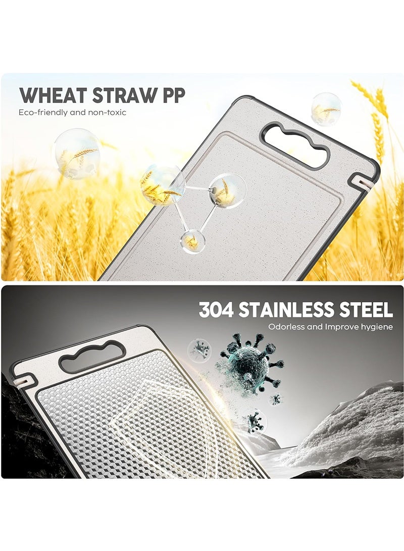 توبيتش لوح تقطيع مزدوج من الفولاذ المقاوم للصدأ 304 من الفولاذ المقاوم للصدأ 304 وقش القمح، لوح تقطيع غير سام 36.5*24.8 سم، لوح تقطيع غير سام، يمكن التعامل مع اللحوم والخضروات بشكل منفصل، آمن للغسل في غسالة الأطباق، تصميم شبكي مقاوم للخدش - Image 3