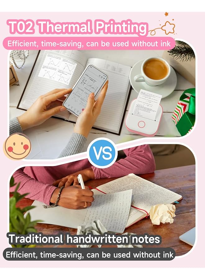 erorex Mini Sticker Printer T02 Small Thermal Printer For Phone Portable Wireless Printer For Children'S Day Birthday Compatible With Ios And Android Pink  - Image 4