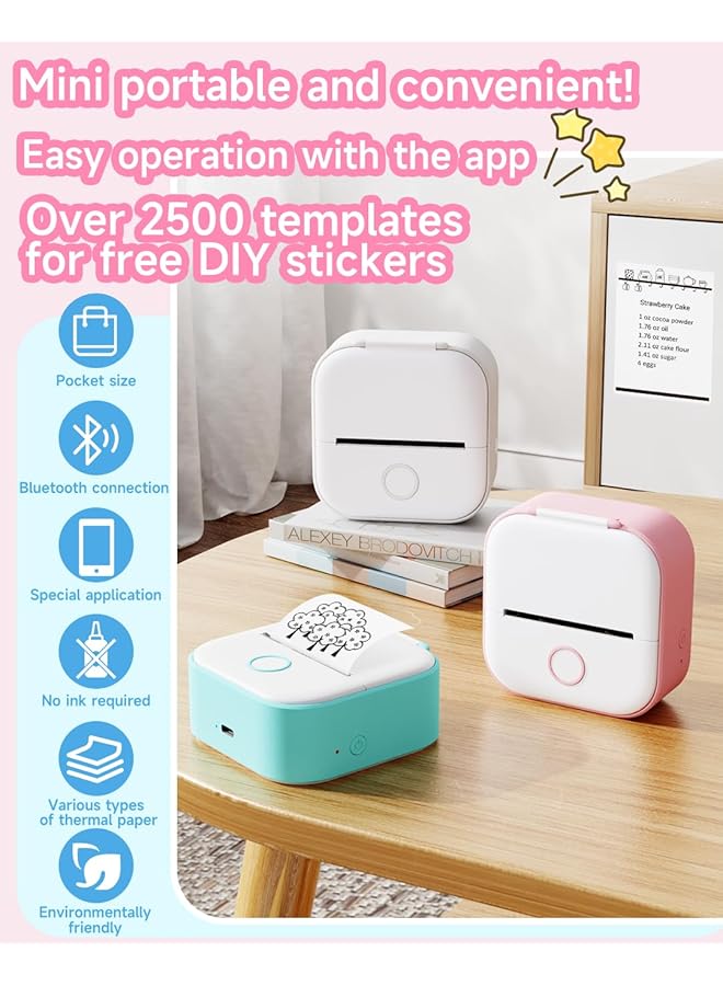 erorex Mini Sticker Printer T02 Small Thermal Printer For Phone Portable Wireless Printer For Children'S Day Birthday Compatible With Ios And Android Pink  - Image 3