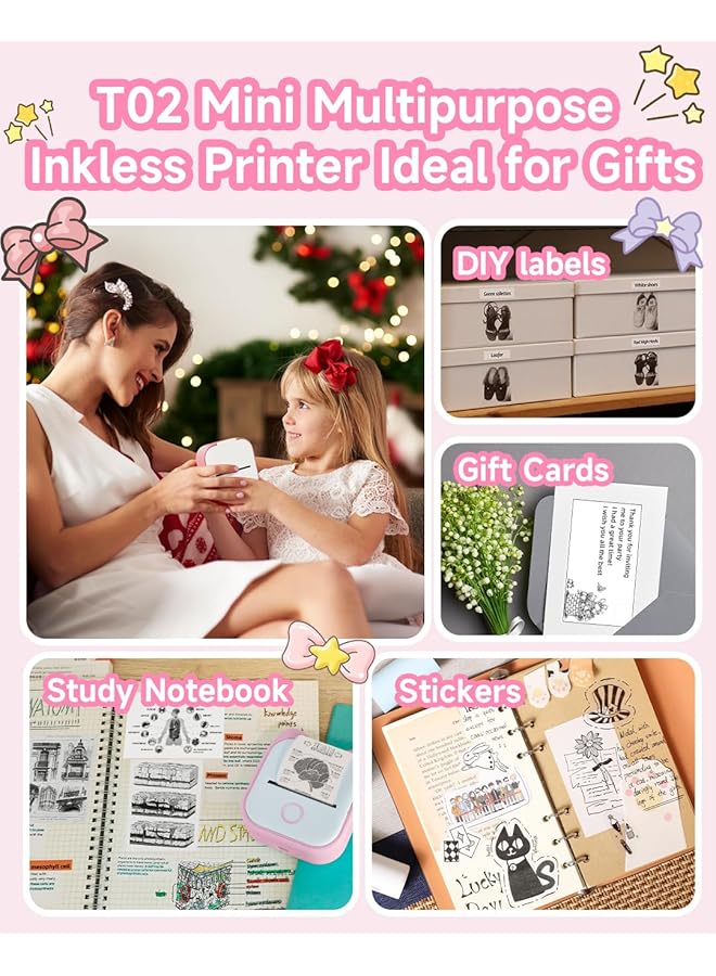 erorex Mini Sticker Printer T02 Small Thermal Printer For Phone Portable Wireless Printer For Children'S Day Birthday Compatible With Ios And Android Pink  - Image 5