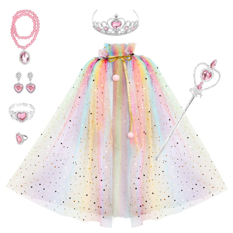 Fedio Princess Cape Set 7 Pieces Girls Princess Cloak with Tiara Crown, Wand for Little Girls Dress up (Rainbow) - Image 1