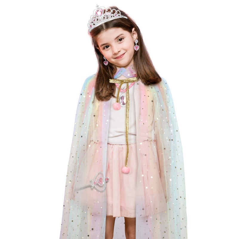 Fedio Princess Cape Set 7 Pieces Girls Princess Cloak with Tiara Crown, Wand for Little Girls Dress up (Rainbow) - Image 2