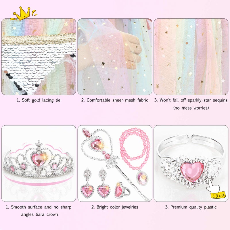 Fedio Princess Cape Set 7 Pieces Girls Princess Cloak with Tiara Crown, Wand for Little Girls Dress up (Rainbow) - Image 5