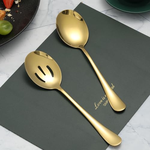 LayHyand 6 Pieces Serving Spoons Set, 8.7 Inch Serving Spoon, Includes 3 Server Spoon and 3 Slotted Spoons, Stainless Steel Buffet Banquet Large Utensils Cutlery Set for Kitchen, Gold - Image 2