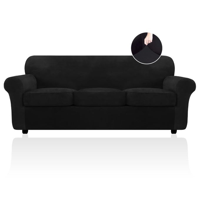 VELVET SOFA COVERS FOR 3 SEAT CUSHION COUCH SOFA SLIPCOVERS STRETCH 4 PIECE COUCH COVER THICK FURNITURE COVERS FOR DOGS PETS SOFA BLACK