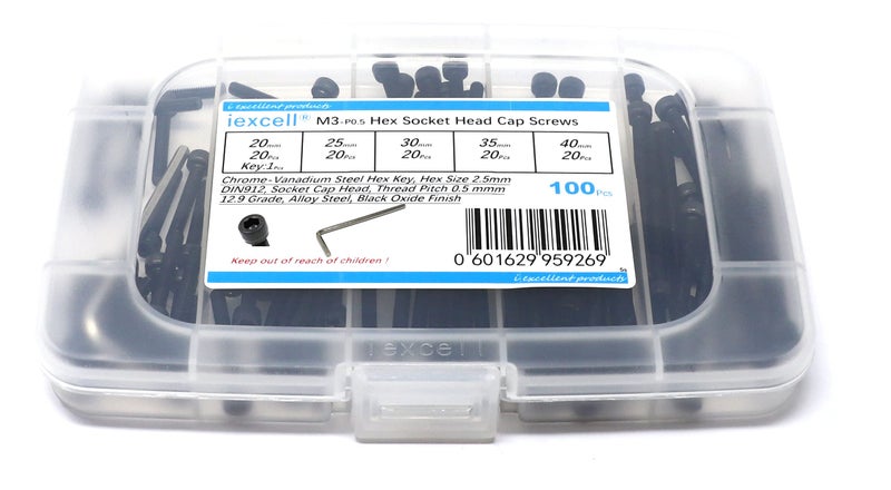 iexcell 100 Pcs M3 x 20/25/30/35/40 Alloy Steel 12.9 Grade Hex Socket Head Cap Screws Bolts Assortment Kit, Black Oxide Finish - Image 1