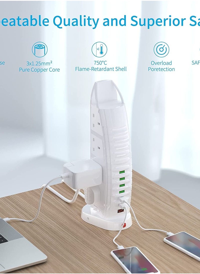 Generic - Burj Al Arab Sailboat Shape Tower Extension Lead with USB, 8 Way Outlets 6 USB Fast Charging Ports (2 Type C and 4 USB Ports) 3.6A Multi Plug Extension Cord Socket 2M Cable, Vertical Power Strip - Image 1
