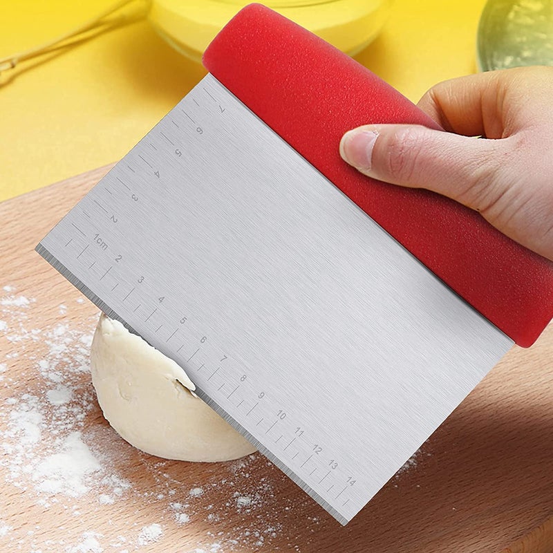 HEXONIQ Stainless Steel Dough Cutter Scraper with Handle Multipurpose Large Metal Pastry Baking Chopper for Kitchen Pizza Bread Pastry Cutter Scraping Tool with Measuring Scale Red - Image 4