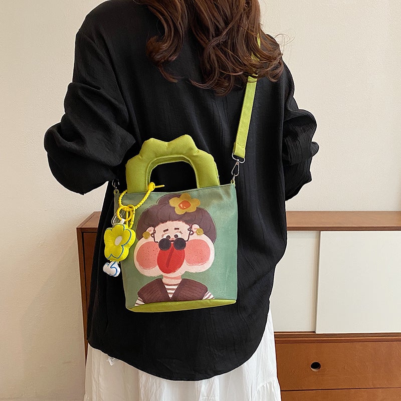 Women's Canvas Bucket Shoulder Bag with Cute Graffiti Print - Image 4