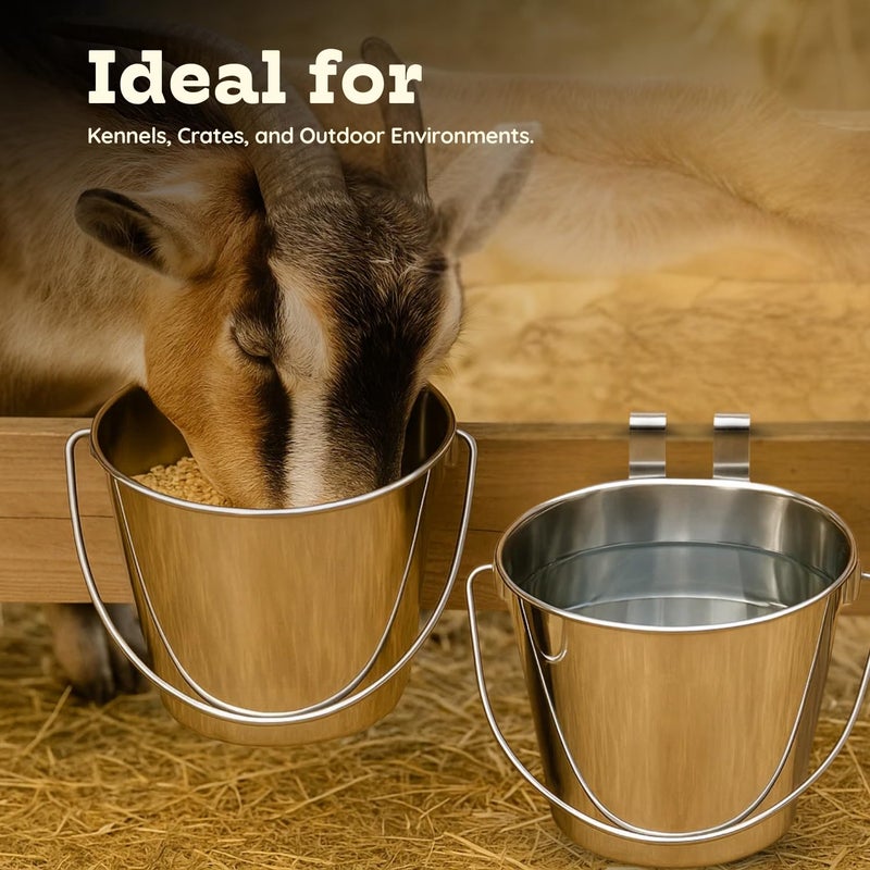 AASPIRE PETS 9 Quart Stainless Steel Flat Sided Bucket with Dual Hooks | 2 Pcs Food & Water Bowl for XL Dog Goat Cattle Horse & Livestock | Fits kennel Crate Cages Farm Hanging Pet Pail | Multipurpose - Image 5