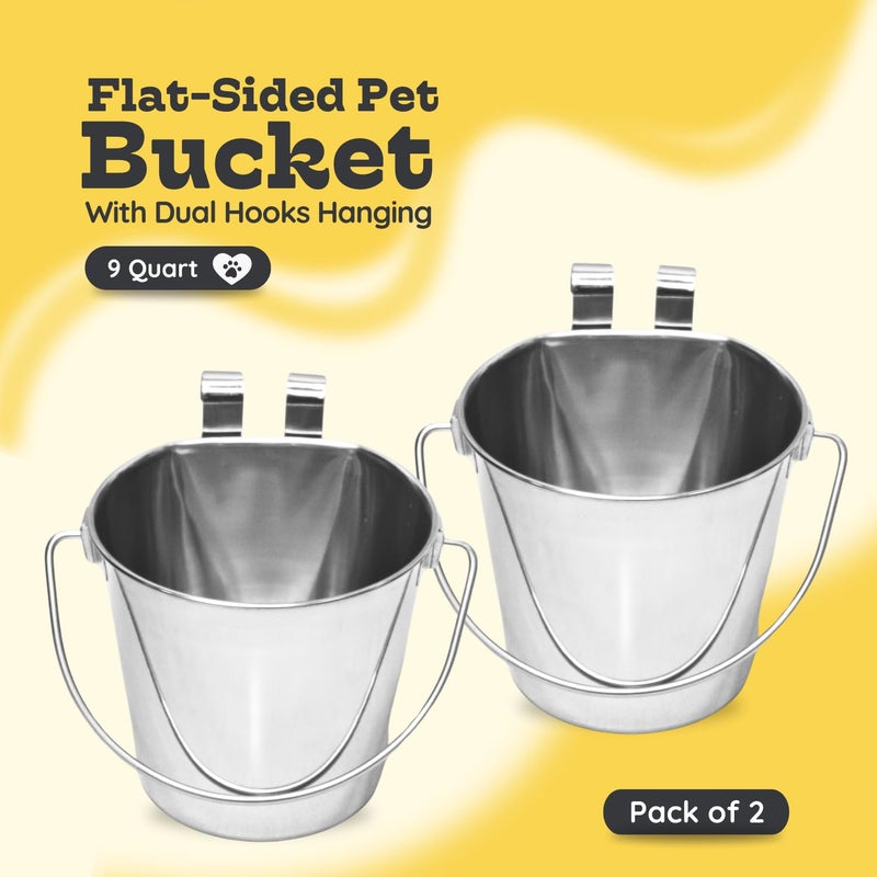 AASPIRE PETS 9 Quart Stainless Steel Flat Sided Bucket with Dual Hooks | 2 Pcs Food & Water Bowl for XL Dog Goat Cattle Horse & Livestock | Fits kennel Crate Cages Farm Hanging Pet Pail | Multipurpose - Image 2