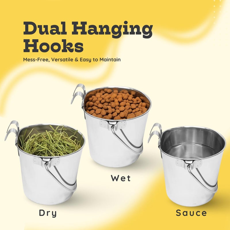 AASPIRE PETS 9 Quart Stainless Steel Flat Sided Bucket with Dual Hooks | 2 Pcs Food & Water Bowl for XL Dog Goat Cattle Horse & Livestock | Fits kennel Crate Cages Farm Hanging Pet Pail | Multipurpose - Image 4