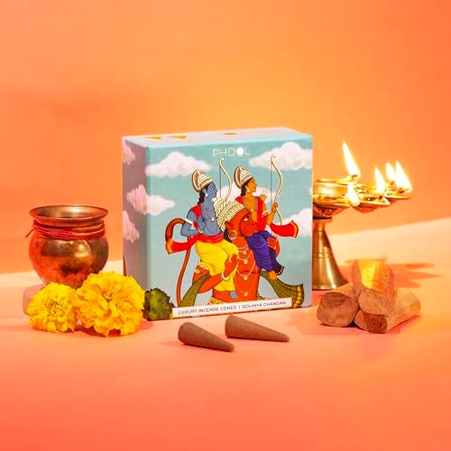 PHOOL LUXURY INCENSE بخور فخامة PHOOL - مخروط بخور أيوديا - عطر سومان تشاندان | حزمة خاصة للعبادة مع الزهور المقدمة في معابد أيوديا | عبوة تحتوي على 40 مخروط بخور | بدون فحم ومواد كيميائية | حامل بخور مجاني داخل العبوة - Image 2