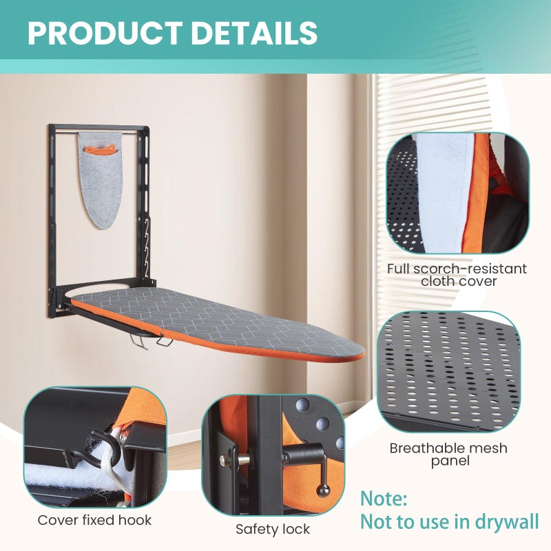 Seiritex Wall Mounted Ironing Board with Iron Holder, 42x14 Compact Mount Foldable Ironing Board for Small Spaces, Space Saving with Cotton Fabric Cover and Silicone Iron Rest - Image 2