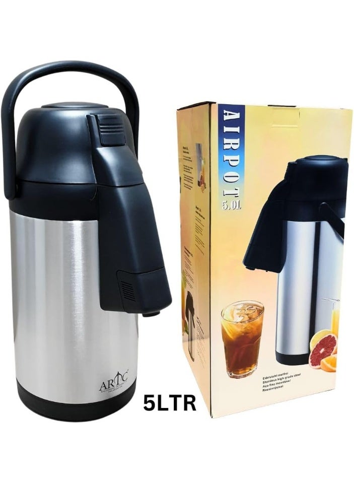 ARTC 5L Stainless Steel Airpot Vacuum Flask with Large Capacity Keep coffee, tea, hot water, and other beverages warm for hours with this durable 5-liter stainless steel vacuum airpot. Featuring a convenient pump dispenser, sturdy handle, elegant design, and excellent insulation, it is ideal for homes, offices, hotels, restaurants, parties, meetings, and catering. - Image 2