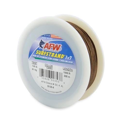 AFW American Fishing Wire Surfstrand, Bare 1x7 Stainless Steel Leader Wire, 135 lb Test, 0.027" Diameter, Camo, 1000 ft - Image 1