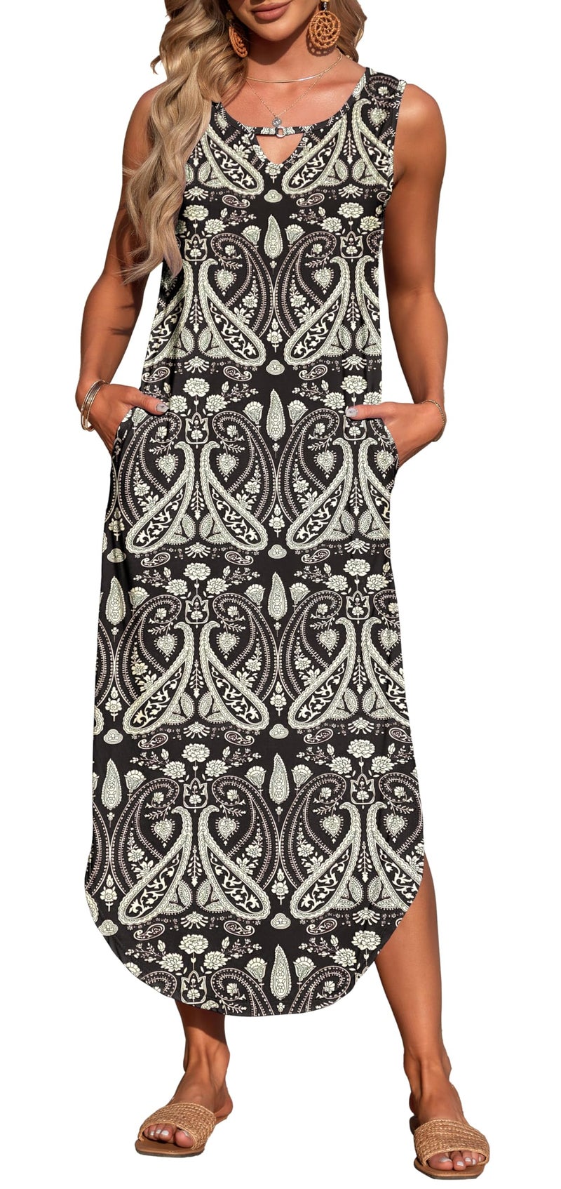 MISFAY Women's Summer Maxi Dress Sleeveless Loose Long Beach Split Dresses with Pockets(New Boho Floral Black,L) - Image 2