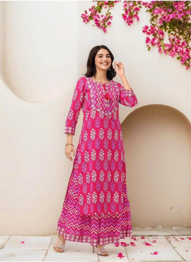 ISHIN Women's Pink 100% Cotton Embellished Tunic Full Length Palazzo Straight Fit Kurta Set  - Image 2