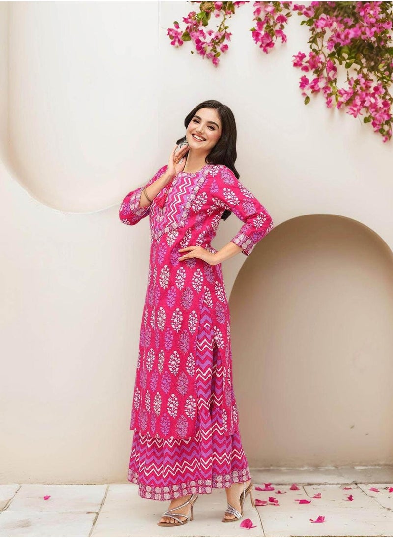 ISHIN Women's Pink 100% Cotton Embellished Tunic Full Length Palazzo Straight Fit Kurta Set  - Image 3