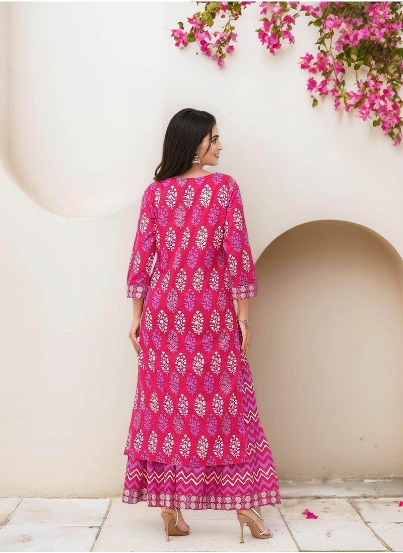 ISHIN Women's Pink 100% Cotton Embellished Tunic Full Length Palazzo Straight Fit Kurta Set  - Image 5