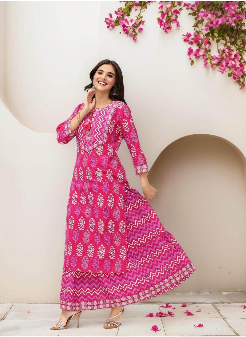 ISHIN Women's Pink 100% Cotton Embellished Tunic Full Length Palazzo Straight Fit Kurta Set  - Image 1